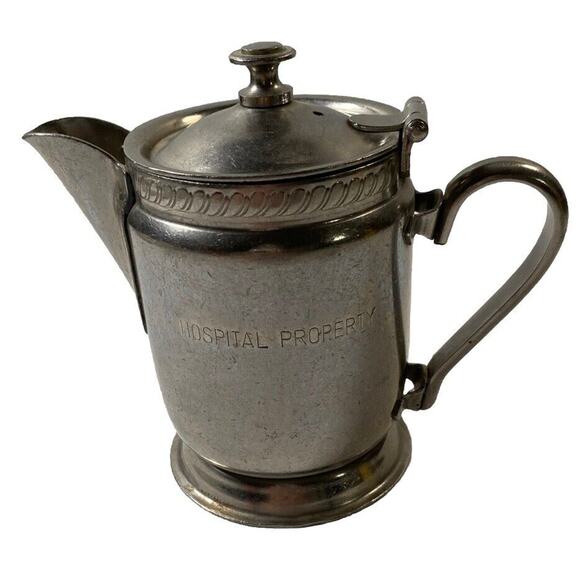 Vintage Hospital Property Creamer Silver Soldered Teapot Pitcher Legion Utensils - Picture 1 of 4